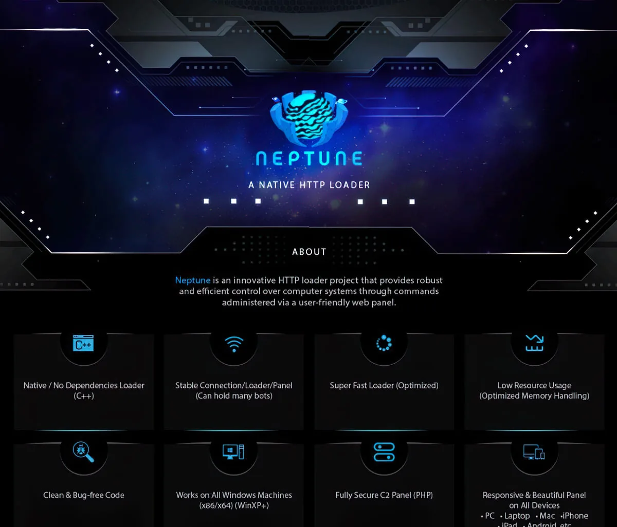 The Neptune loader's advertising page: a native HTTP loader with a C2 web panel, listing features such as a C++ loader, support for many bots and a PHP C2 panel.