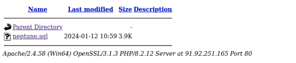 Open directory listing on the C2 server showing neptune.sql, 3.9K, modified 2024-01-12, served by Apache/2.4.58 on 91.92.251.165 port 80.