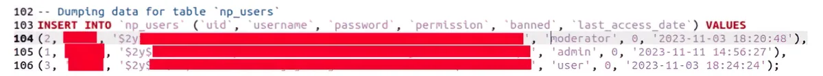 Lines 102 to 106 of neptune.sql: the np_users table with moderator, admin and user accounts and bcrypt password hashes, usernames and hashes redacted.