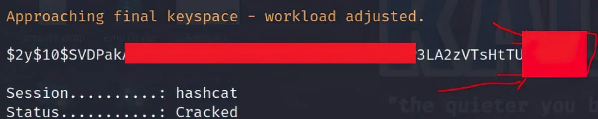 hashcat output showing a $2y$10$ bcrypt hash with status Cracked, the hash partly redacted.