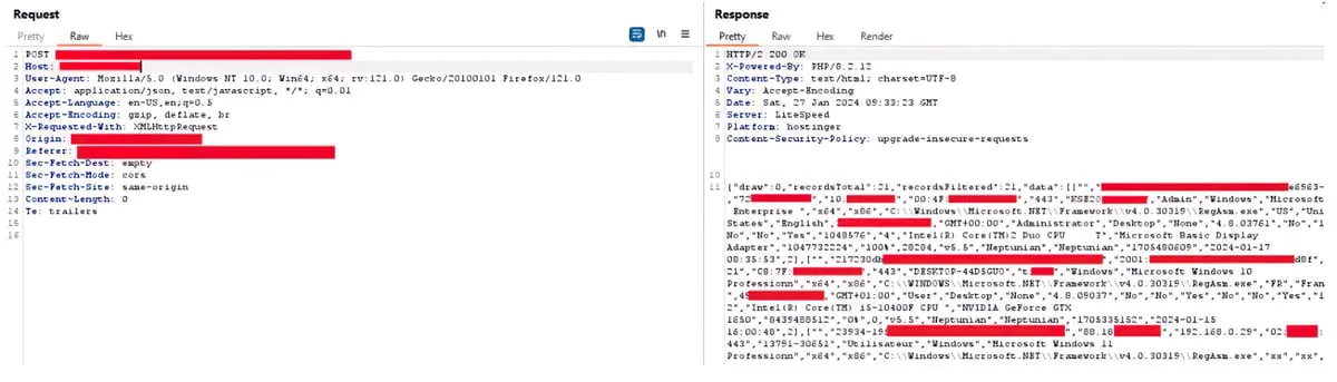 Captured request and response from the panel API: a POST returning JSON with recordsTotal 21 and infected machine details, identifying values redacted.