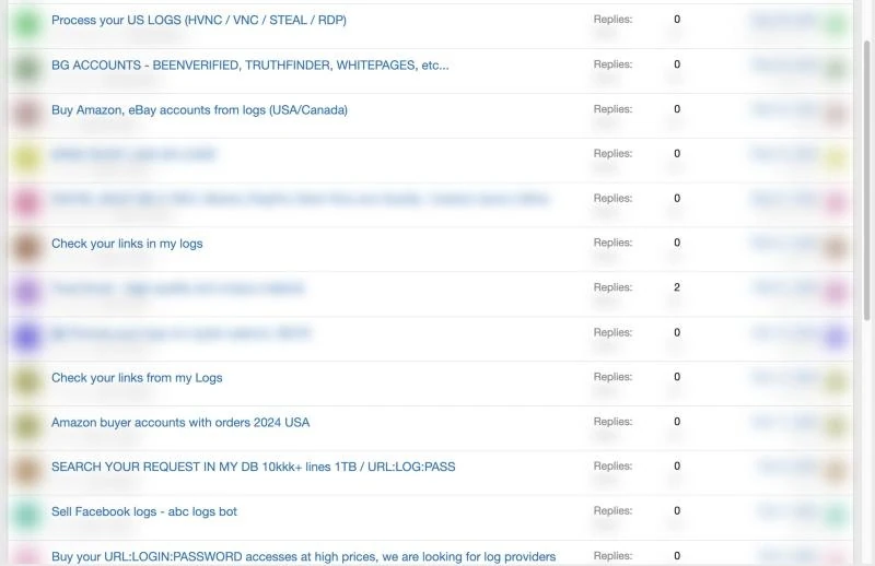 Public listing titles from an underground forum's log-processing board, with usernames and shop names blurred
