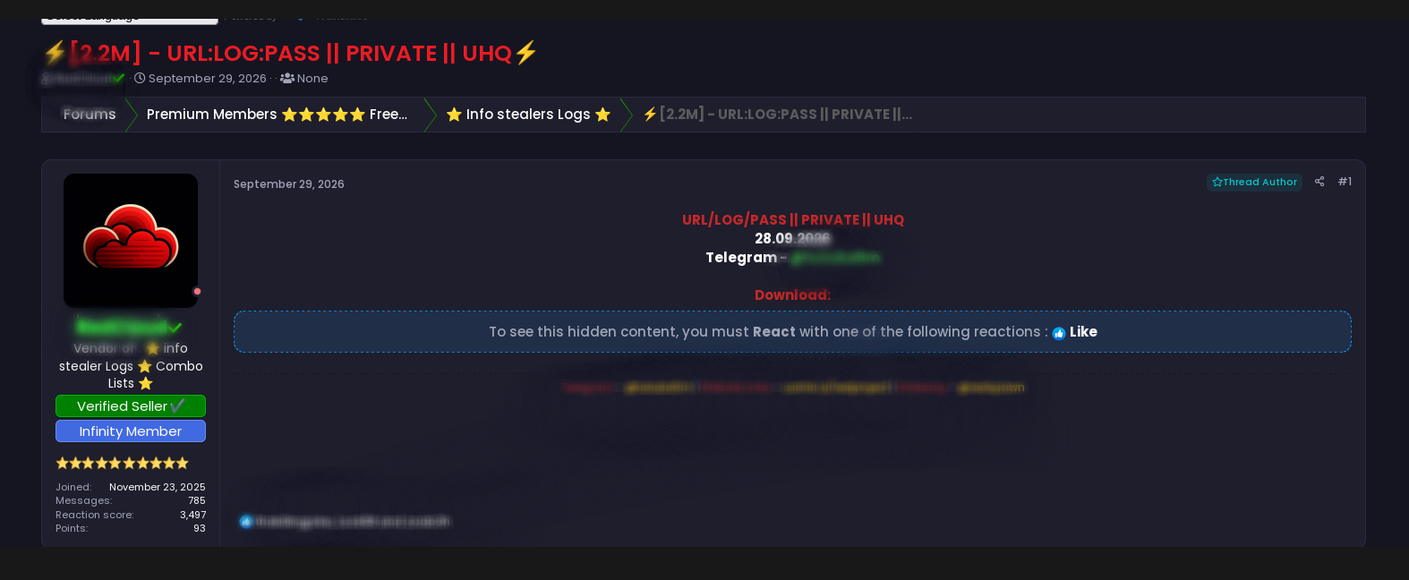 Figure 4. A 2.2-million-line ULP offer with a Verified Seller badge, account activity statistics and a download hidden behind a reaction.