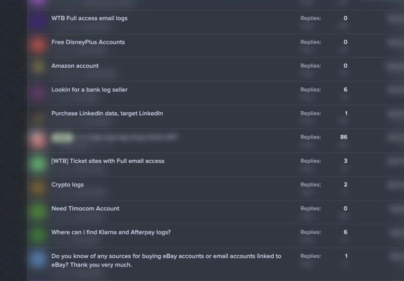 Public thread titles on an underground logs board. Buyers ask for full email access, bank logs, ticket-site logs and logs for payment and lending apps. Usernames, dates and shop names are blurred.