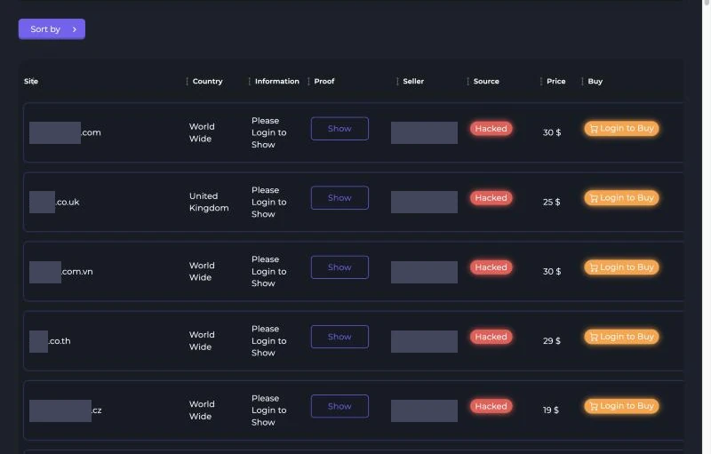 Public listings in an account-shop category, showing the ending of each site's domain, the country, a Hacked source label and the price. Site names and seller numbers are covered, and the login details are hidden.